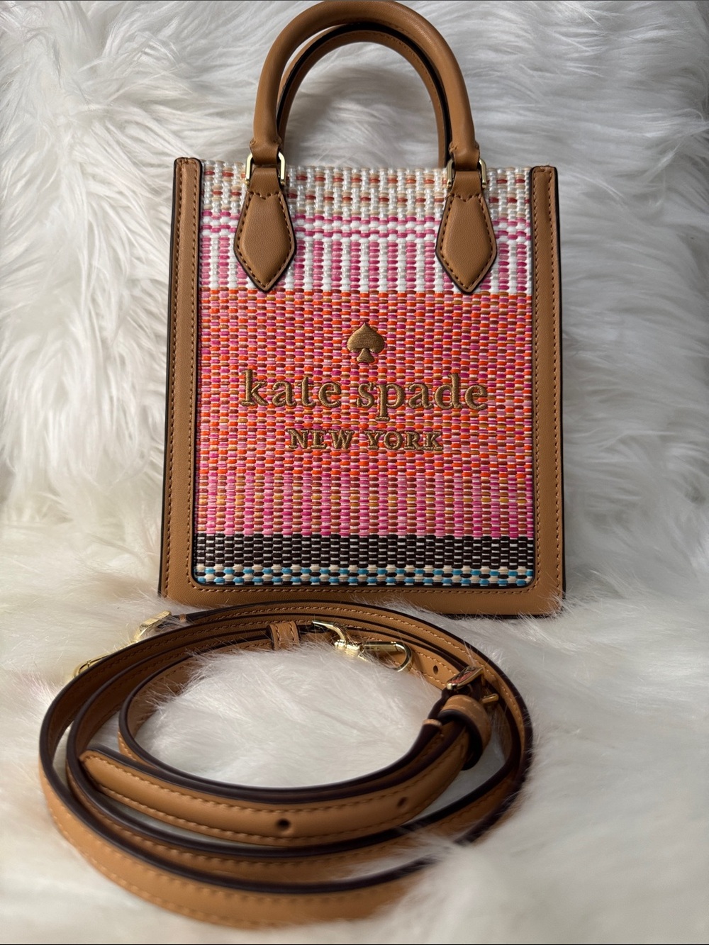 kate spade Tan and Pink Woven Crossbody Mini Tote - Picture 2 of 15